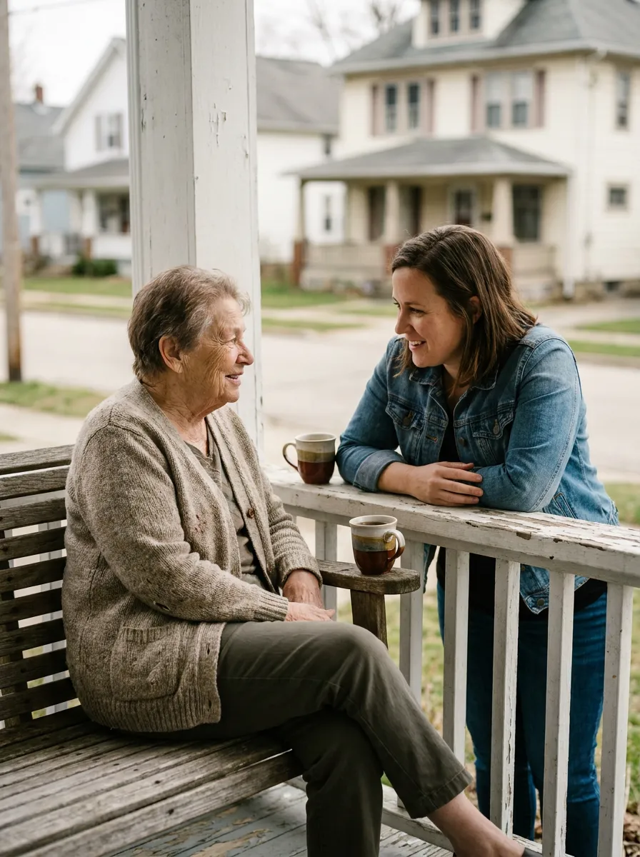 A senior woman and her companion talking on a front porch over tea.
