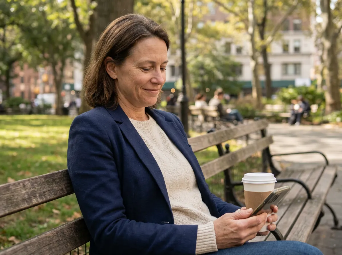 A daughter reading a visit summary on her phone during her lunch break.