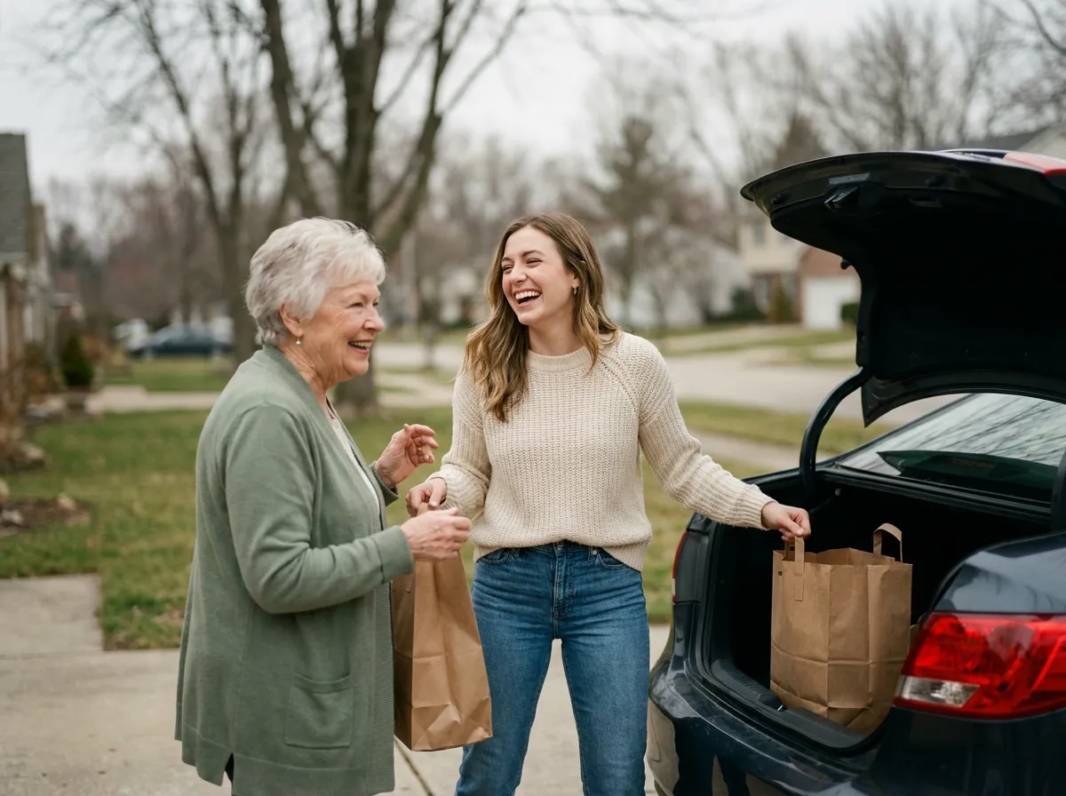 A companion and a senior woman unloading groceries together after a visit.