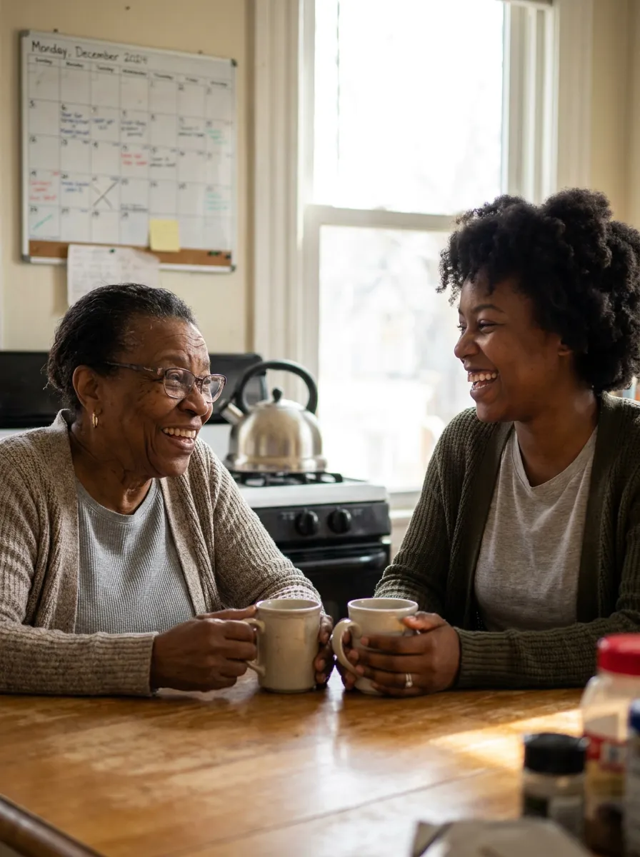 A senior woman and her companion laughing together over tea at a kitchen table.