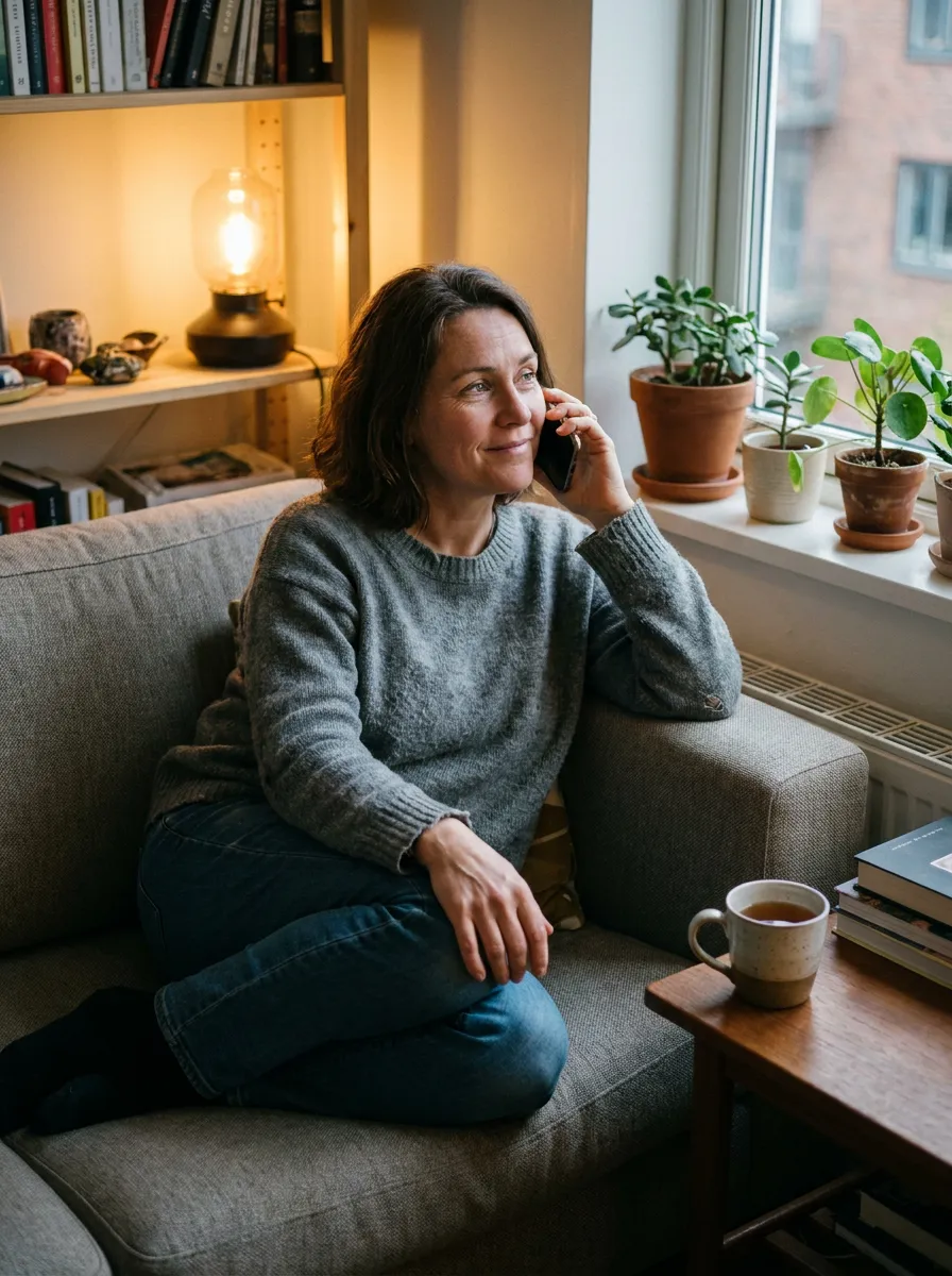 A woman on a phone call in her apartment at dusk, checking in on her parent.